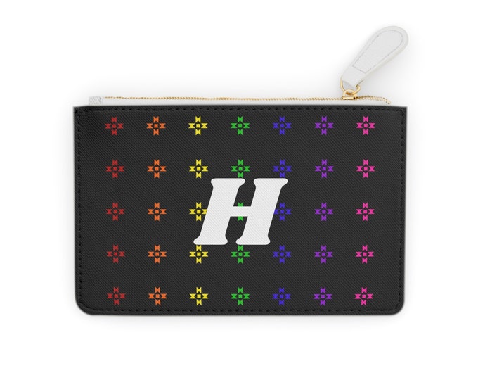 Rainbow Native Stars Mini Clutch, Personalized Cardholder, White Initial H, Initialized