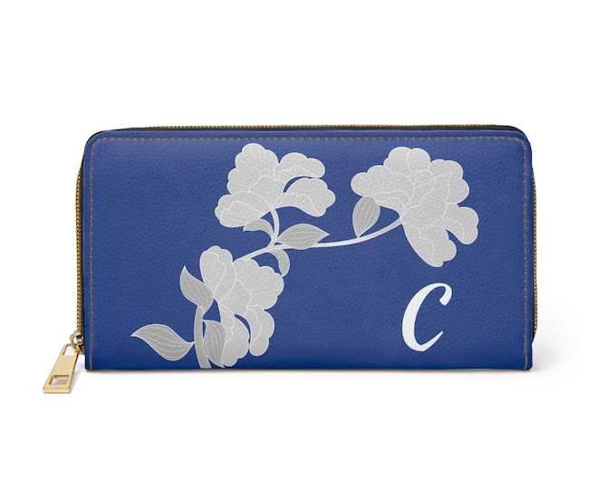 White and Blue Womens Floral Wallet, Personalized with your Initial, Zippered, Initial C