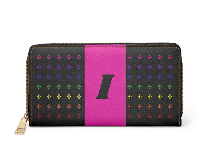 Rainbow Native Stars Womens Wallet, Pink Detail, Personalized with Black Initial I, Initialized Zipper Wallet, Native American Designed