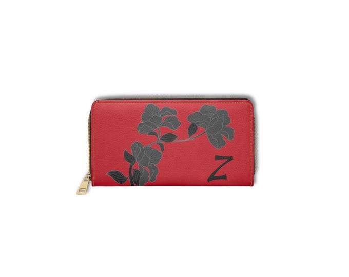 Red & Black Floral Wallet for Women | Personalized Zippered Wallet with Initial Z | Faux Leather Gift for Her | Elegant Monogram Purse