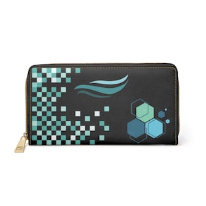 May include: Black wallet with a gold zipper. The design features a pixelated teal and white pattern on the left side, a teal wave graphic, and blue and teal hexagon shapes on the right side.