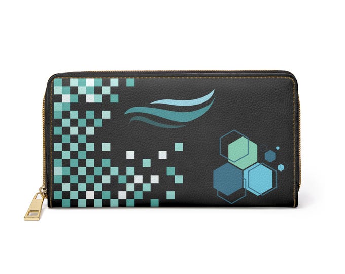 Aqua Hexagon & Pixel Wave Zipper Wallet | Geometric Tech Pattern