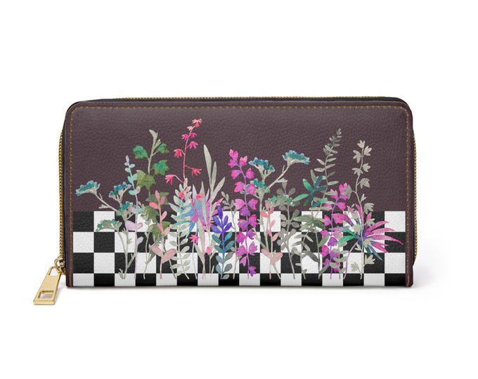 Flowers and Checkers Native Berry Zipper Wallet – Faux Leather Women’s Wallet