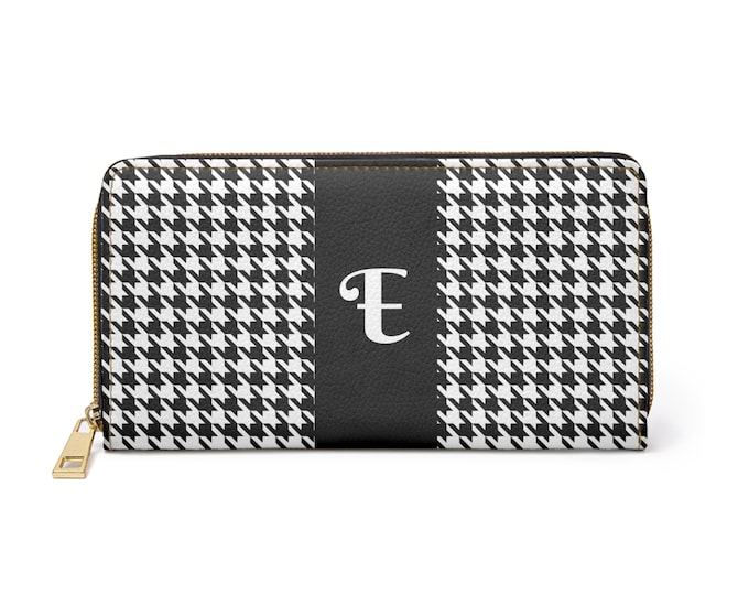 Houndstooth Black and White with White Initial E, Womens Zippered Wallet, Personalized Wallet, Womens Wallet