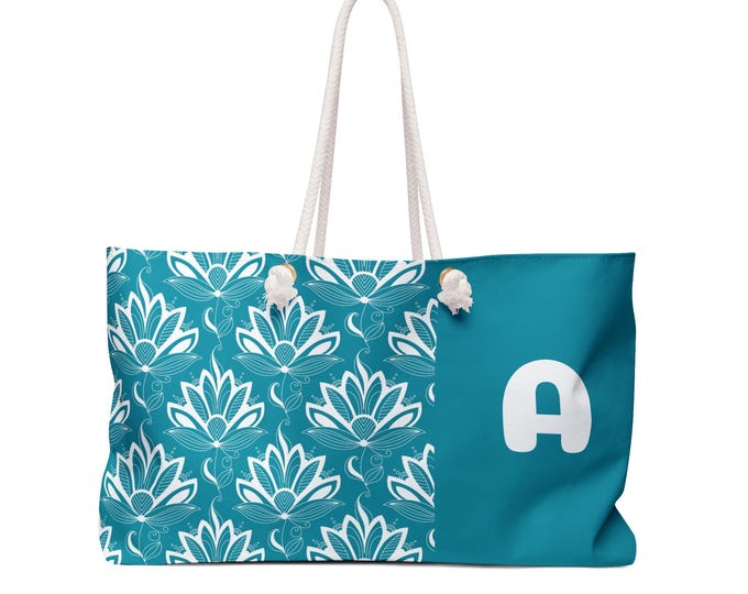 Aqua Chic Succulent Floral Weekender Tote Bag | Personalized with your Initial