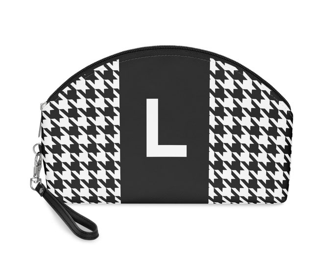 Black, and White Houndstooth patterned Makeup Bag, Personalized with Initial L