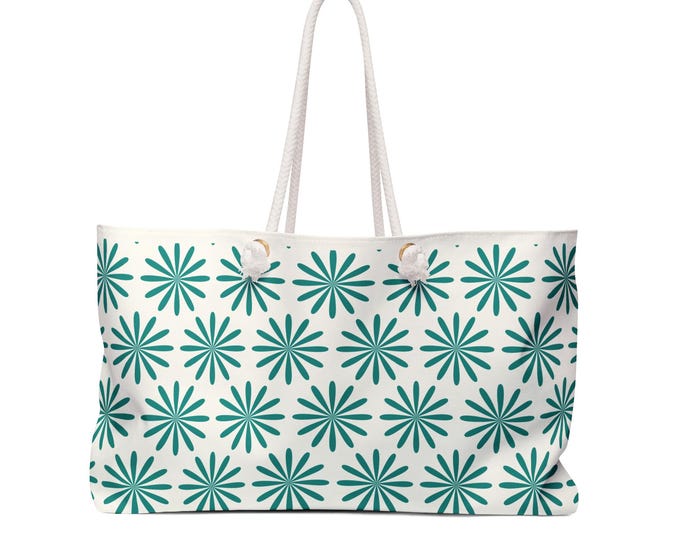 Teal Daisy Repeat Pattern Weekender Bag | Floral Tote, Beach Travel Bag