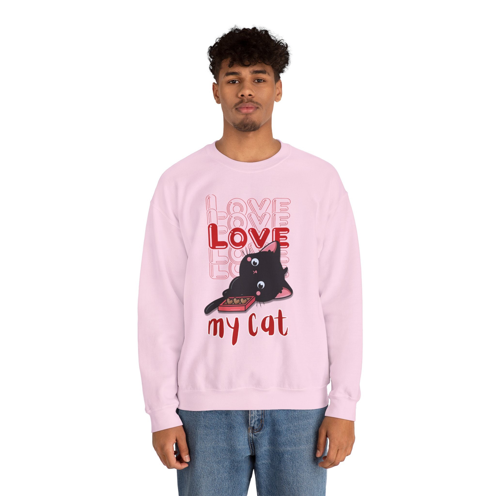 Pink Love My Cat Valentine Sweater, Unisex Heavy Blend™ Crewneck