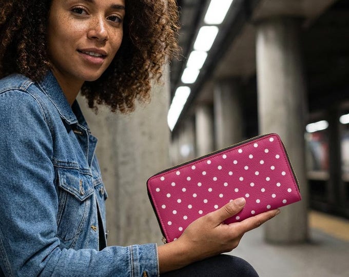 Fuchsia Polka Dot Zipper Wallet