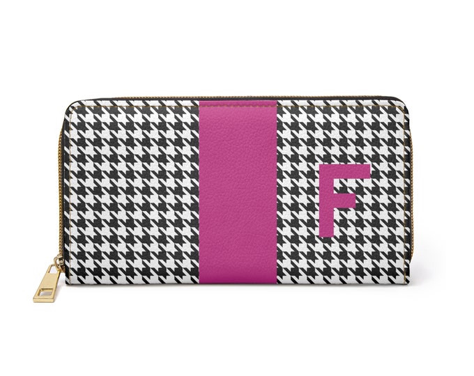 Houndstooth Black and White with Magenta F Initialized Detail Womens Zippered Wallet, Personalized Wallet, Initialized, Womens Wallet
