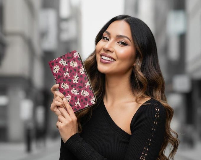 Fuchsia Cow Print Zipper Wallet: Vegan Leather, Whimsical Animal Design