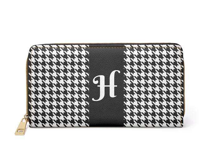 Houndstooth Faux Leather Wallet: Personalized Initial H Zippered Clutch