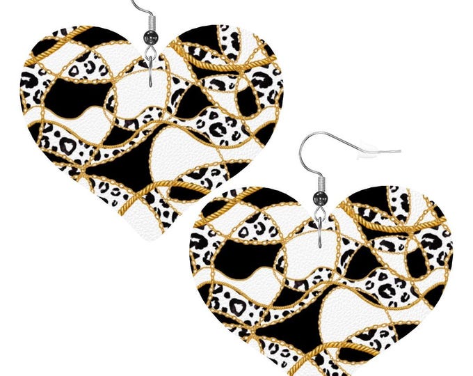 Leopard Print Heart Earrings: Gold Chain Faux Leather Statement