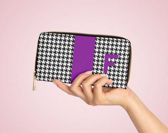 Houndstooth Black and White with Purple F Initialized Detail Womens Zippered Wallet, Personalized Wallet, Initialized, Womens Wallet