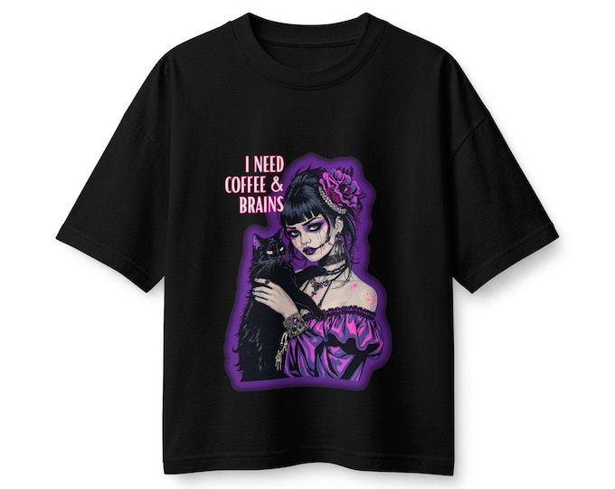 I Need Coffee & Brains Witch Girl with Black Cat T-Shirt