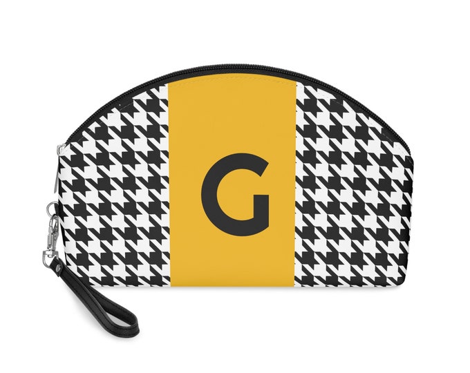 Marigold, Black, and White Houndstooth patterned Makeup Bag, Personalized with Initial G, Her Makeup bag, Initialized