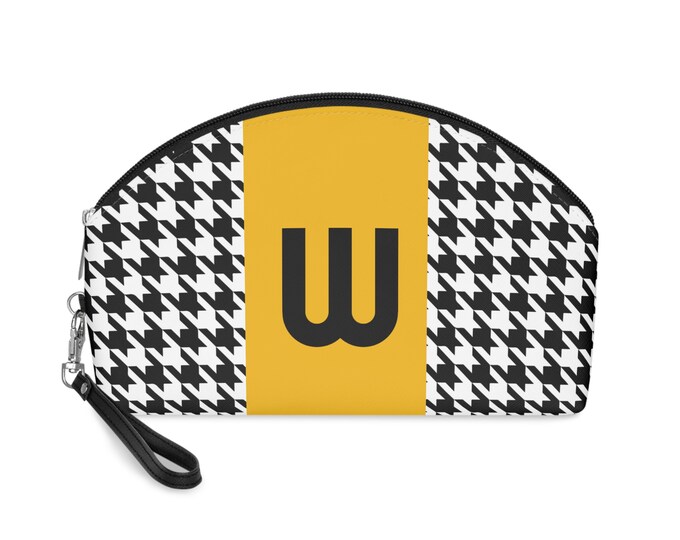 Marigold, Black, and White Houndstooth patterned Makeup Bag, Personalized with Initial W, Her Makeup bag, Initialized