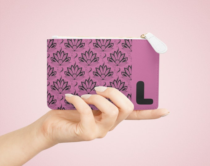 Initial L Pink & Black Succulent Mini Clutch – Personalized Vegan Card Holder, Small Wallet for Women, Stylish Travel Pouch