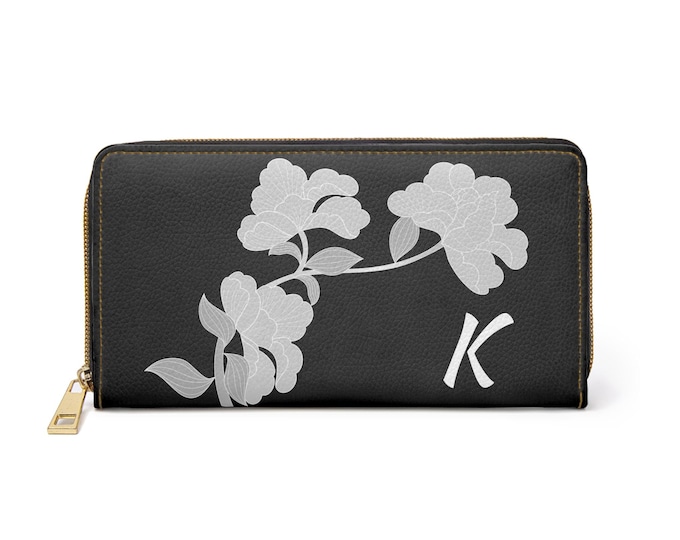 White & Black Floral Wallet for Women | Personalized Zipper Wallet with Initial K | Faux Leather Gift for Her | Elegant Card Holder