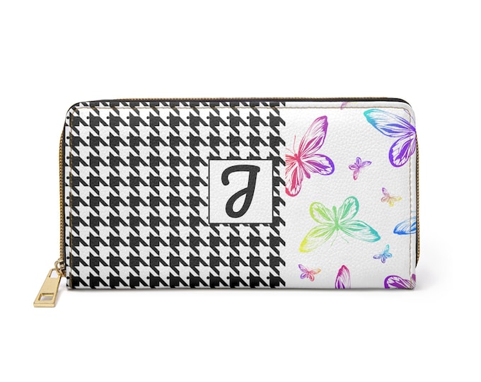 Personalized Houndstooth Rainbow Butterfly Wallet, Custom Initial Zippered Wallet for Women or Teen Girls, Faux Leather Wallet, Gift for Her