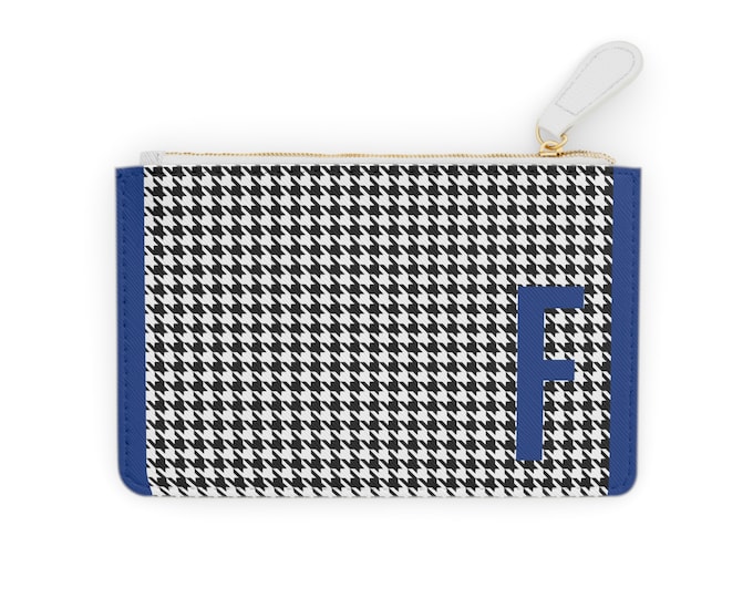 Houndstooth Blue Detail Initialized, F Initial, Personalized Mini Clutch Bag, Womens Zippered Card Holder