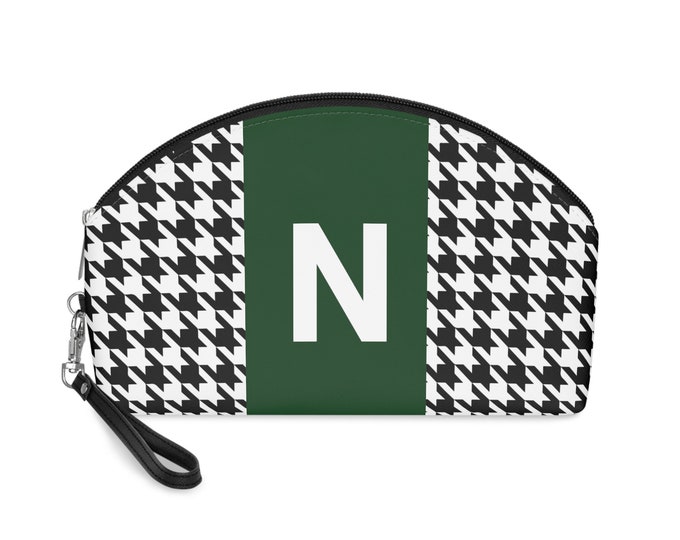 Forrest Green, Black, and White Houndstooth patterned Makeup Bag, Personalized with Initial N, Her Makeup bag, Initialized