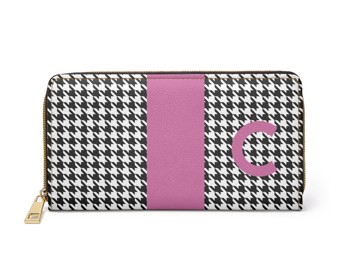 Houndstooth Black and White with Pink C Initialized Detail Womens Zippered Wallet, Personalized Wallet, Initialized, Womens Wallet
