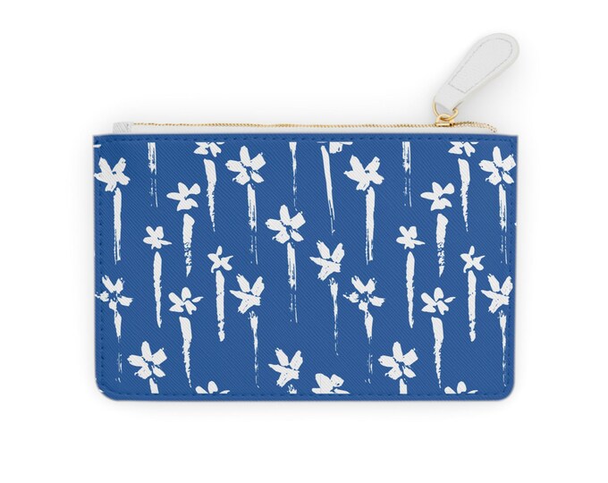 Indigo Floral Pattern Mini Clutch Bag | Blue White Blossom Zip Pouch