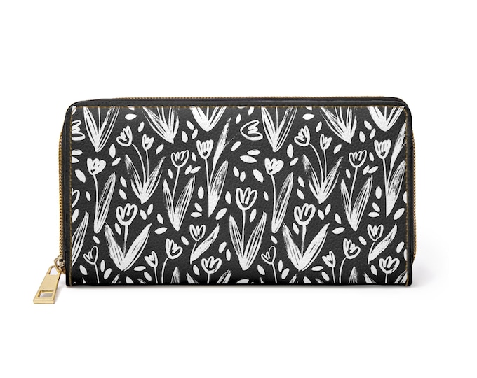 Hand-drawn White Tulips Zipper Wallet | Floral Black and White Pattern
