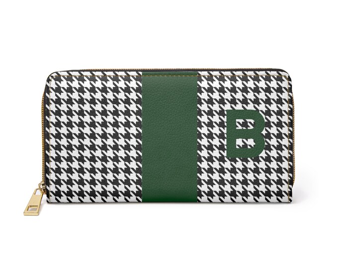Houndstooth Black and White with Forrest Green, B Initialized Detail Womens Zippered Wallet