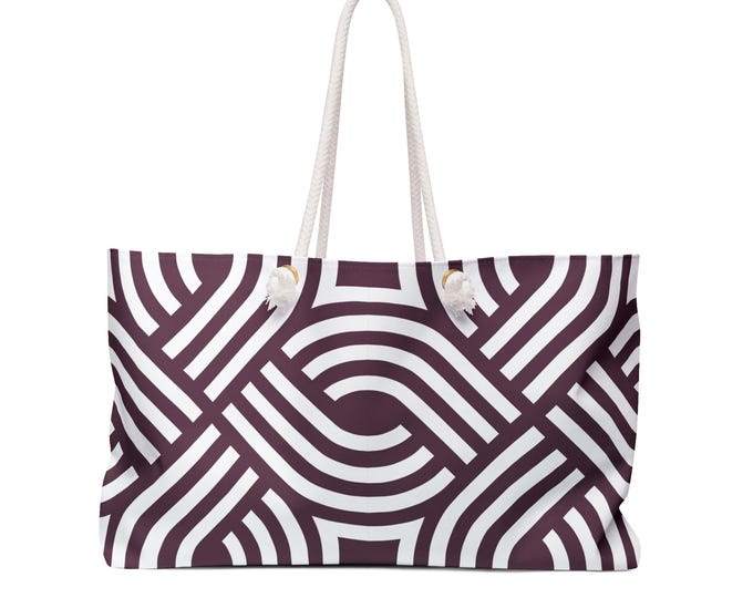 Geometric Maze Pattern Weekender Bag | Burgundy and White Modern Abstract Tote