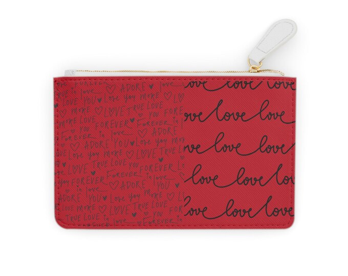 Love Handwritten Pattern Mini Coin Purse | Script Hearts, Tomato Red