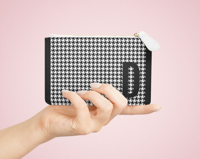 Houndstooth Black Mini Clutch – Personalized with Initial D | Vegan Leather Zippered Card Holder | Gift for Her | Stylish Mini Wallet