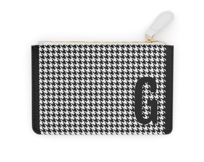 Houndstooth Black Mini Clutch – Personalized with Initial G | Vegan Leather Zippered Card Holder | Gift for Her | Stylish Mini Wallet