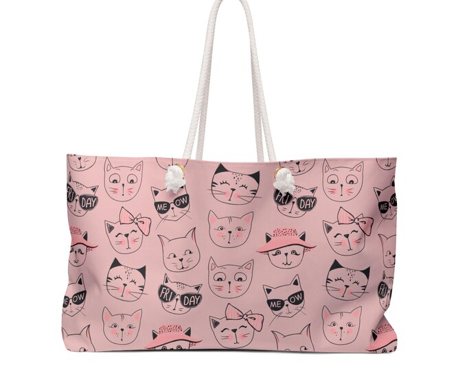Cute Cat Faces Pattern Weekender | Pink Kitty Tote, Cat Lover Travel Bag