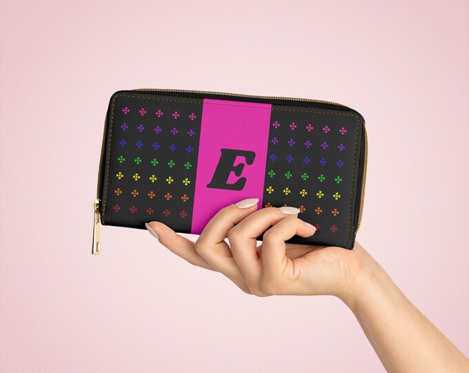 Rainbow Native Stars Womens Wallet, Pink Detail, Personalized with Black Initial E, Initialized Zipper Wallet, Native American Designed