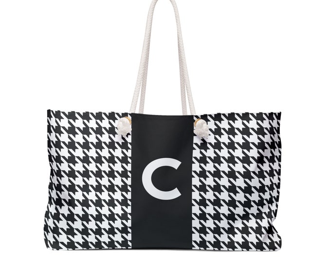 Black, and White with Black C Bag, Initialized Detail Womens Weekender Tote Bag, Personalized Bag, Initialized Handbag