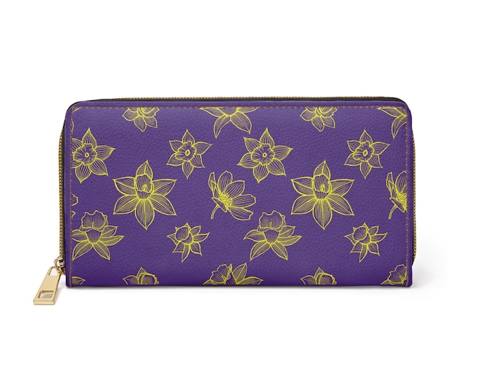 Golden Daffodil Pattern Zipper Wallet | Floral Purple Botanical Purse