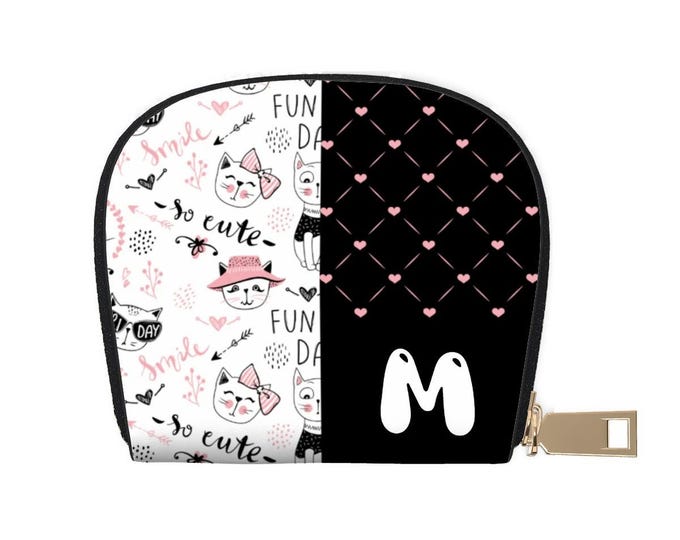 Cute Cats Wallet – Pink, Black & White | Personalized Initial M | Leather Semicircle Card Holder | Women’s Mini Wallet