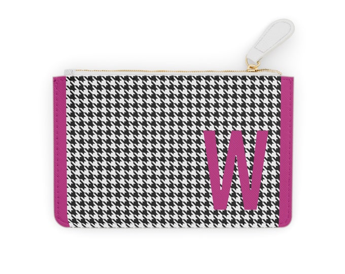 Houndstooth Magenta Detail Initialized, W Initial, Personalized Mini Clutch Bag, Womens Zippered Card Holder