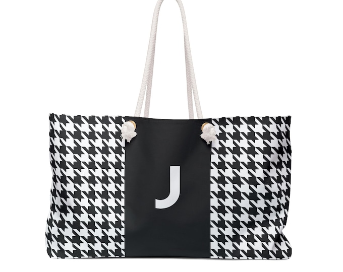 Custom Tote Bag | Houndstooth Pattern, Black & White Personalized - J Initial
