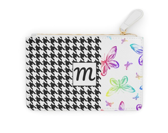 Houndstooth pattern with Rainbow Butterflies Mini Cardholder, Personalized with your Initial, Clutch Bag, Zippered
