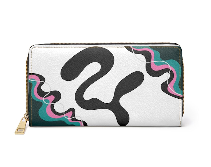 Abstract Wave Pattern Zipper Wallet | Teal Pink Swirl Design