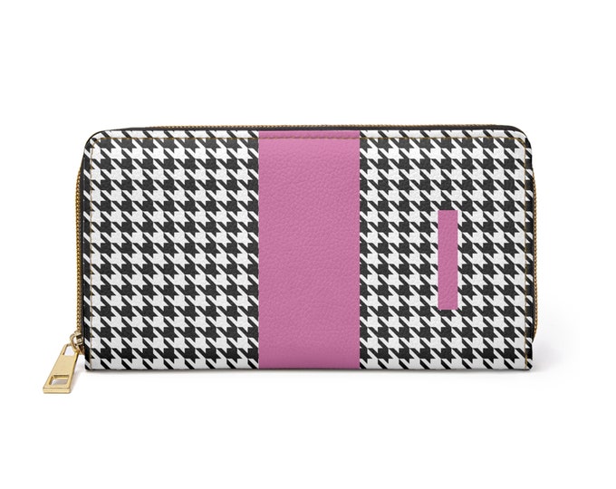 Houndstooth Black and White with Pink I Initialized Detail Womens Zippered Wallet, Personalized Wallet, Initialized, Womens Wallet
