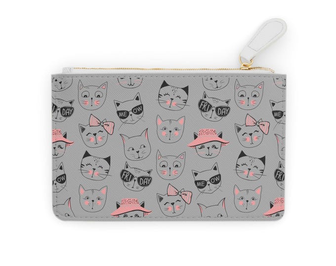 Cute Cat Faces Gray Mini Clutch Bag | Pink Bow Hat Sunglasses Pattern