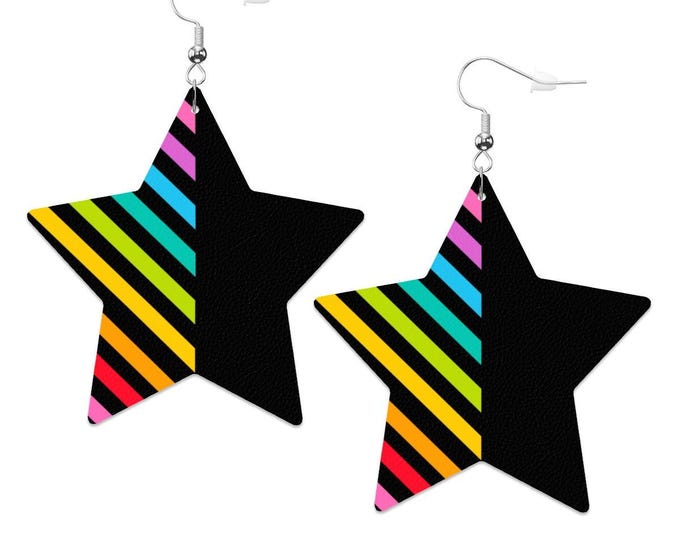 Half Rainbow & Black Star Earrings | Leather Statement Jewelry | Bold UV Print Earrings | Unique Gift for Her