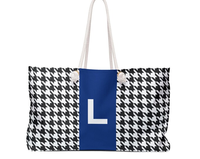 Houndstooth Black and White with Blue and Black L Initialized Detail Womens Weekender Tote Bag, Womens Handbag, Womens Bag