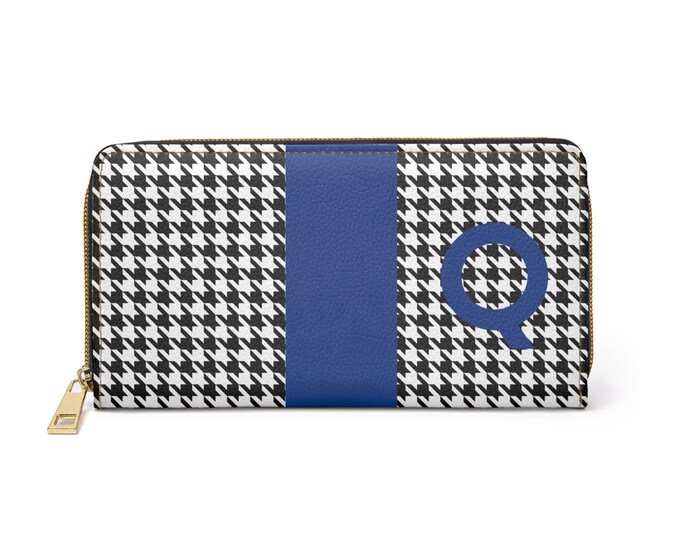 Houndstooth Black and White, with Red Q Initialized Detail Womens Zippered Wallet, Personalized Wallet, Womens Wallet