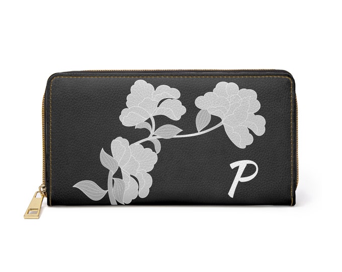 Black and White Womens Floral Wallet, Personalized with Initial P, Zippered