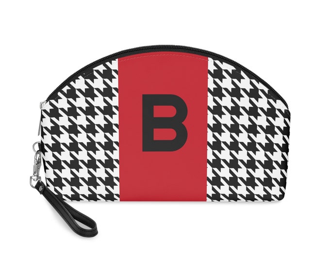Red, Black, and White Houndstooth patterned Makeup Bag, Personalized with Initial B, Her Makeup bag, Initialized